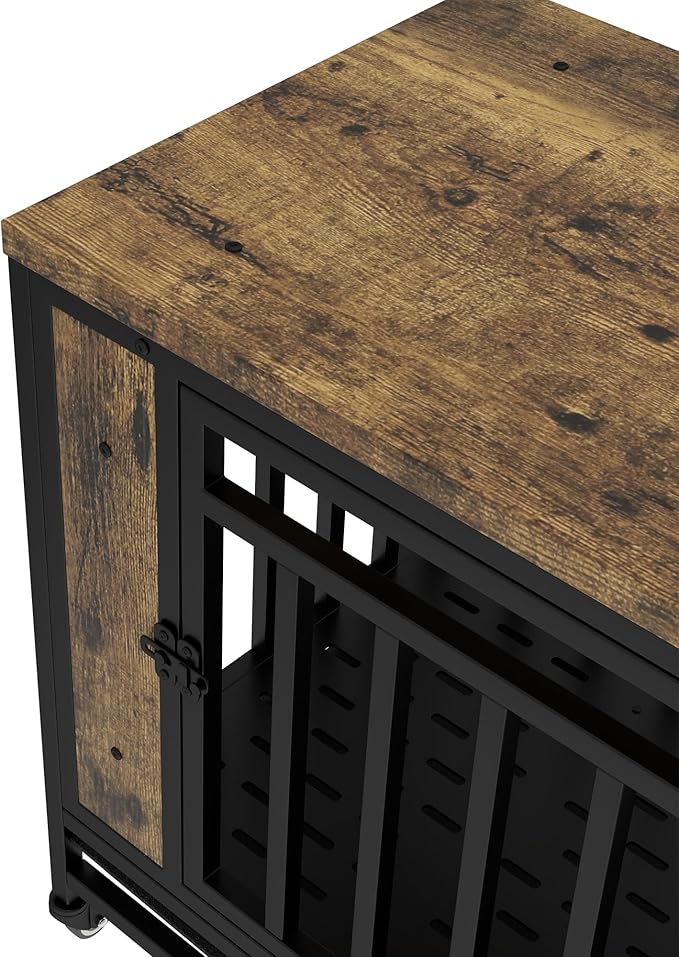 32 Inch Heavy Duty Dog Crate Furniture, Indestructible Wooden Dog Cage Kennel with Lockable Wheels and Removable Tray, Indoor Escape Proof Dogs House for Small Medium Dogs for Living Room Bedroom