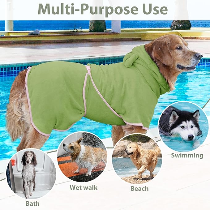 Dog Bathrobe Super Absorbent Towel Robe - Microfiber Bath Towels Fast Drying Coat for Dogs, Cute Dogs Clothes Adjustable Collar & Belly Strap Warm Keeping Hooded Dog Towel (Olive Green, Small)