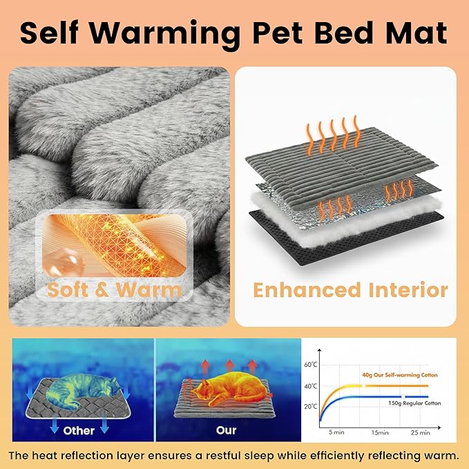 Self Warming Cat Bed, Small Self Heating Pet Crate Pad, Thermal Extra Warm Dog Mat for Indoor Kitten and Outdoor, Non Slip, Washable, 24" × 18", Grey