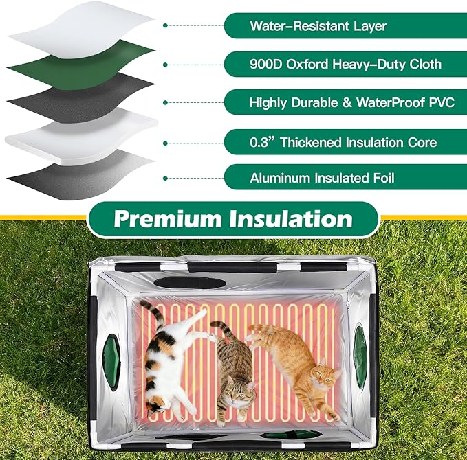 Heated Cat House for Outside Winter, Insulated & Weatherproof, Elevated Heated Cat Shelter with Heating Pad, Escape Door & 4 Windows, Warm House for Outdoor Stray Feral Barn Cats (Green, 26"x16"x20")