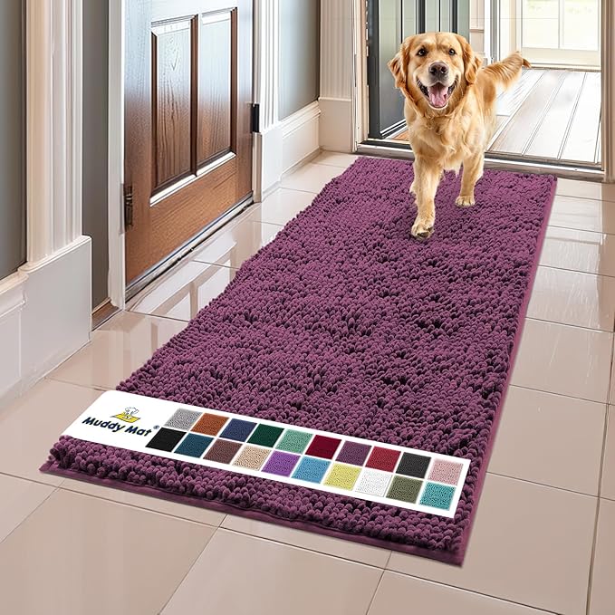 Muddy Mat® | Super Absorbent Door Mat Indoor, Microfiber Quick Dry Chenille Entryway Rug, Non-Slip Front Door Mat, Indoor Mats for Entryway, Machine Washable Pet Rug, Dark Purple 24"x60"