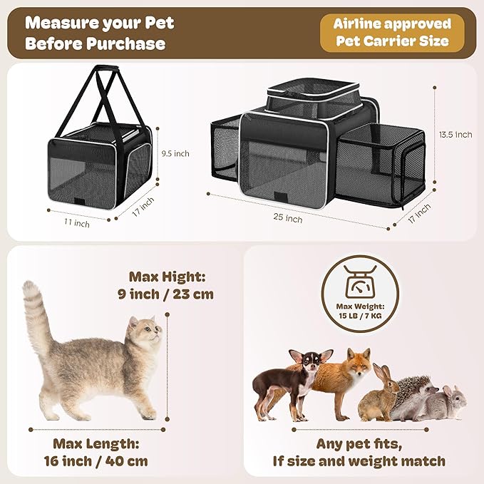 Top and 2 Sides Expandable Pet Carrier 17x11x9.5,TSA Airline Approved Small Dog Carriers for Small Dogs,Soft-Sided Cat Carrier with Self-Locking Zippers for Kitten,Rabbit,Puppy,Guinea Pig Black White