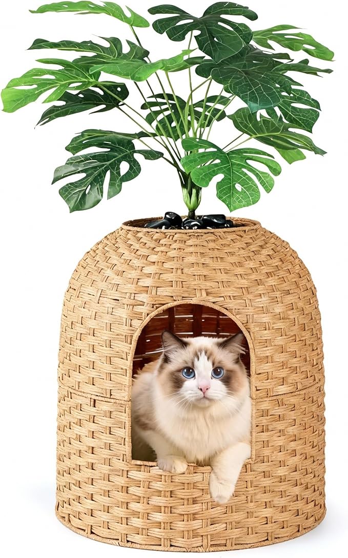 Cat Litter Box Hidden Planter Enclosure, Handwoven PE Rattan Cat Bed Cave House, Wicker Cats Toilet Furniture for Indoor Corner Living Room Bedroom Balcony