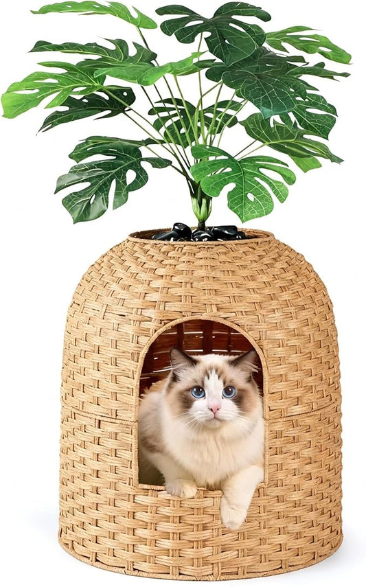 Cat Litter Box Hidden Planter Enclosure, Handwoven PE Rattan Cat Bed Cave House, Wicker Cats Toilet Furniture for Indoor Corner Living Room Bedroom Balcony
