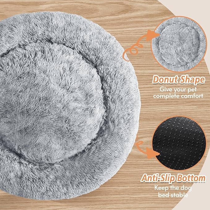 JOLLYVOGUE Calming Dog Bed for Small Dogs - 23 inches Donut Washable Small Dog Bed for Kittens & Puppies, Anti-Slip Round Fluffy Plush Faux Fur Cat Beds (Fits up to 25 lbs Pets, Grey)
