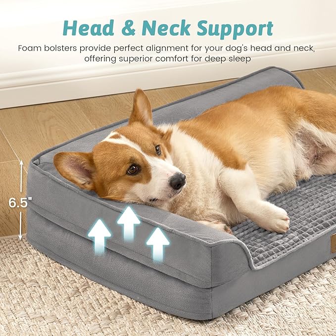 Orthopedic Dog Bed for Medium Small Size Dog, Dogs Crate Bed, L Shaped Foam Anti-Slip Bottom Pet Cat Sofa with Washable Removable Cover, Suitable for Pet Up to 40 lbs, 30x20x6.5 inch, Grey