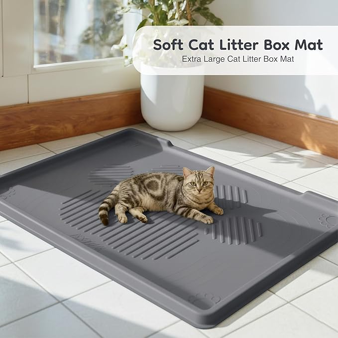 ISSEVE Cat Litter Mat 40" x 28" XL, Extra Large Silicone Mat for Litter Box, 1.38" Raised Edge Urine Proof Litter Trapping Mat Pad for Scatter Control, Soft on Kitty Paws, Protect Floor (Dark Grey)