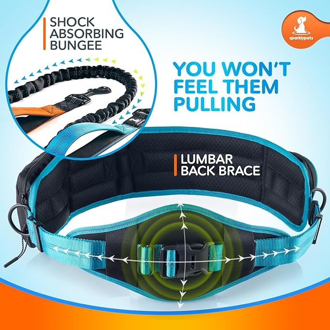 SparklyPets Double Bungee Waist 2 Dog Leash with Back Brace – Dual Dog Leash for Medium/Large Breeds – Running Belt Fanny Pack with Phone, Waste, Treat, and Bottle Pockets