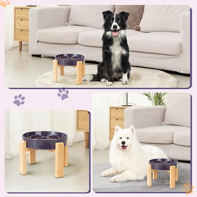 Elevated Slow Feeder Dog Bowl - Puzzle Maze Dish with Bamboo Stand - Raised Ceramic Food Bowl for Medium and Large Dogs - 8.8 Inch - Purple