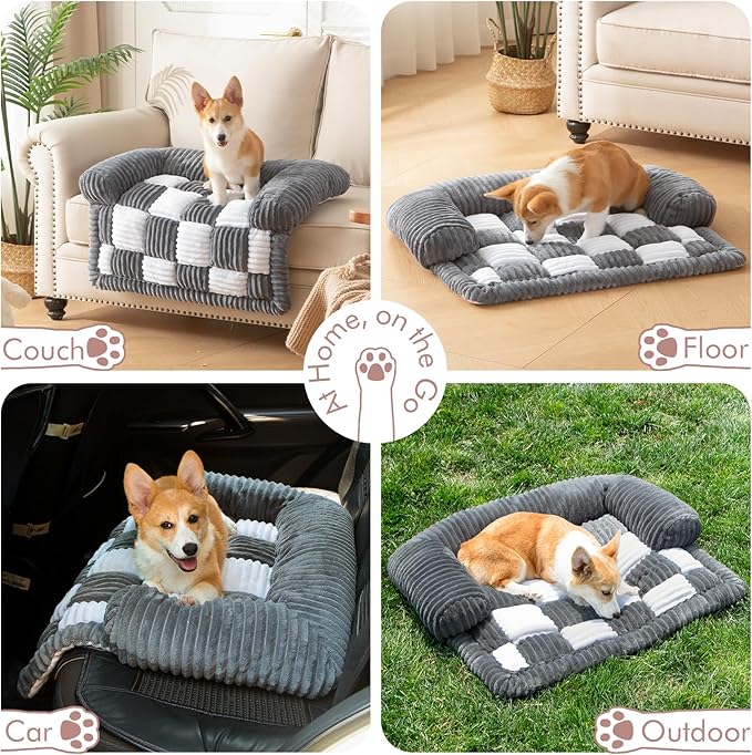 Dog Bed for Couch with Bolster, Comfy Couch Cover for Dogs Washable, Non-Slip Plush Furniture Protector, Calming Fuzzy Lounge Mat, Pet Sofa Accessories (Grey, Small)