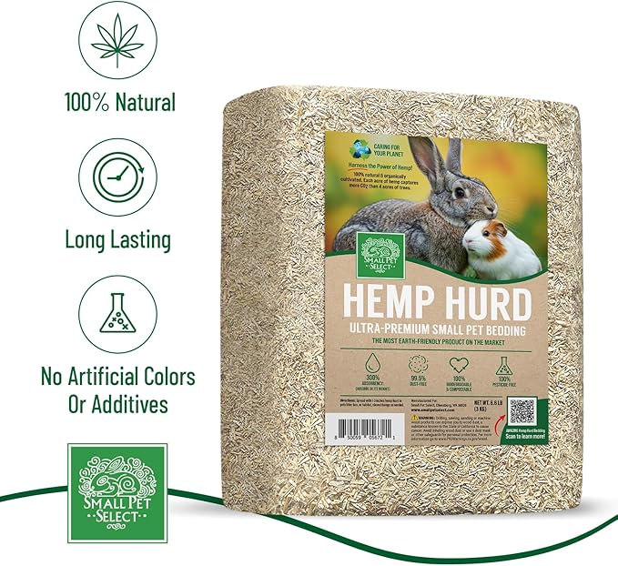 Small Pet Select Hemp HURD Ultra-Premium Small Pet Bedding, Biodegradable Animal Bedding, Eco Friendly Odor Control for Rabbits, Guinea Pigs, Hamsters, and Other Small Animals, 6.6 lb