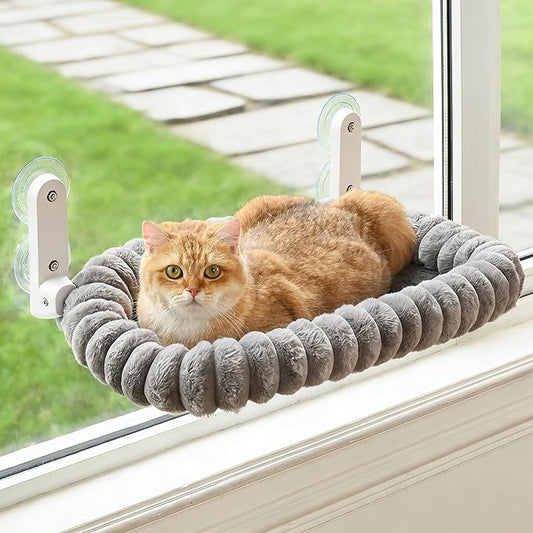 Cat Window Perch with Bolster, Cordless Foldable Cat Window Hammock with Strong Suction Cups & Metal Frame, Machine Washable Pet Bed for Indoor Cats (Gray, Medium)