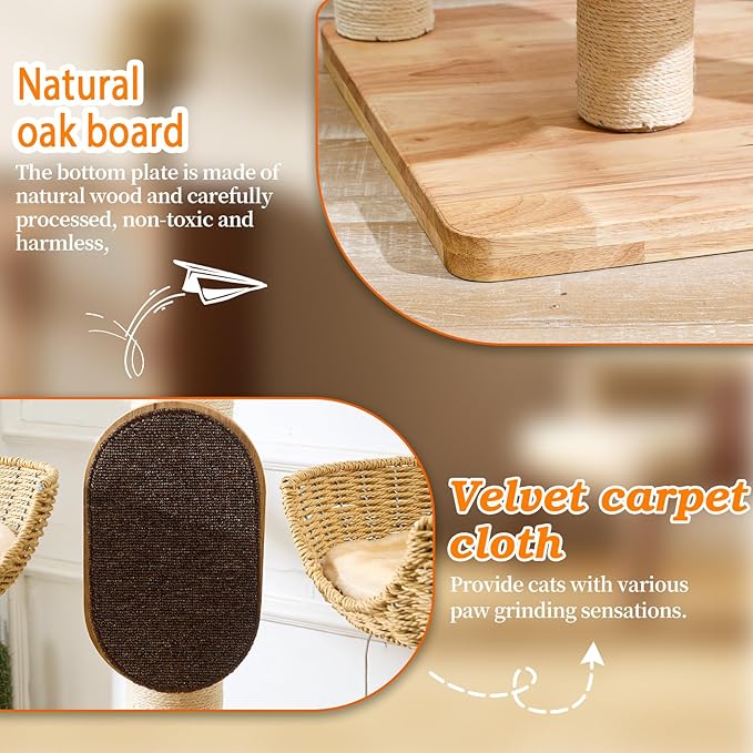 Large Cat Tree Wood - Modern Multi-Cat Tower with Scratching Posts & Handwoven Condo | Sturdy Cat Furniture for Indoor Cats, Modern Cat House Supplies