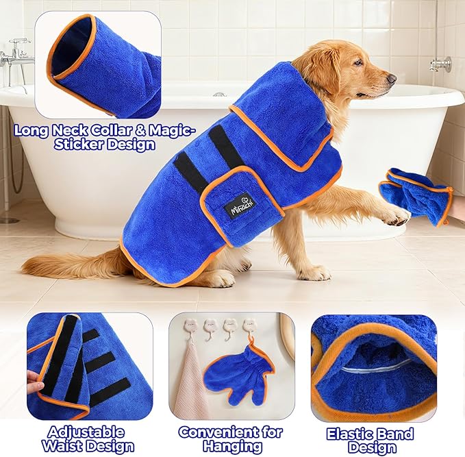 Mihachi Dog Bathrobe Towel Wrap Fast Drying with Drying Gloves Set, Super Absorbent Coral Fleece Dog Drying Coat Bath Robe for Puppy, Medium & Large Dogs, Adjustable Collar & Belly Strap, Blue L