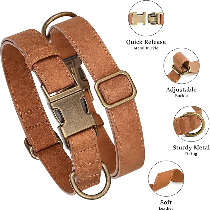 Didog Soft PU Leather Dog Collar, Stylish Quick Released Dog Collars for Medium Dogs, Easy Clean Adjustable Pet Collar for Daily Walking, Light Brown, M Fit 13-21" Neck