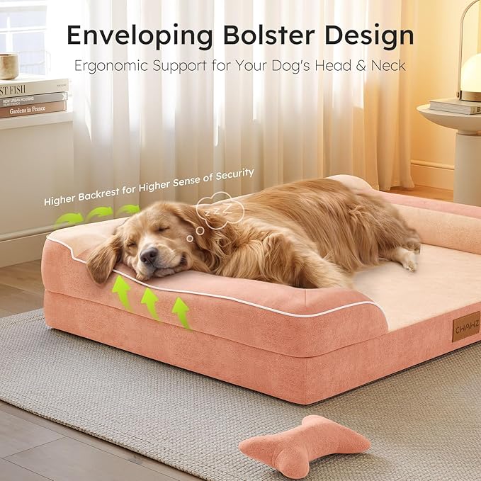 Dog Beds for Large Dogs, Orthopedic Dog Bed with Cooling Gel Memory Foam, Waterproof Large Pet Bed with Removable Washable Cover, 36" Pet Sofa Couch Dutch Velvet with Bone Toy, Peach Pink