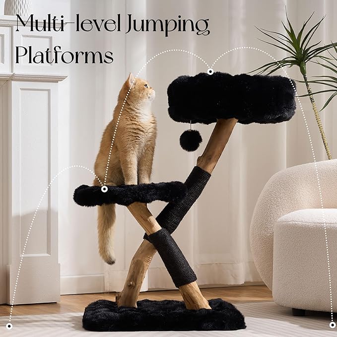 Solid Wood Cat Tree, Modern Cat Tree Tower for Large Indoor Cats, Natural Real Pear Wooden Aesthetic Cat Condo with Scratching Post for Adult Kittens-Black