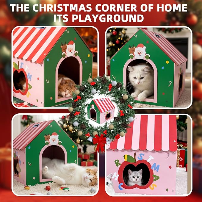 WUGO Christmas Cat Scratcher House - Cardboard Cat House with 2pcs Scratching Pad 16.5"x16"x17" Christmas Decorations Scratcher for Kitty Play House for Indoor Cats’ Birthday Cats Xmas Red