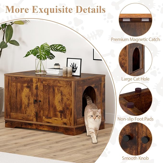 Tangkula Cat Litter Box Enclosure, Wooden Kitty Washroom Cabinet w/Winding Entry & Cat Hole, with Divider, Hidden Double Enclosed Litter Box Furniture for Living Room, Bedroom, Entryway (Rustic Brown)
