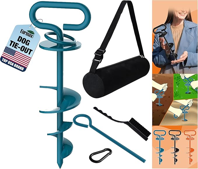 Eurmax USA Dog Tie Out Stake Triple Lock Heavy Duty Dog Anchor for Large Dogs Trampoline Stakes Dog for Yard and Outdoor Dog Runner Install & Travel Kit Included,1-Pack(Navy Blue)