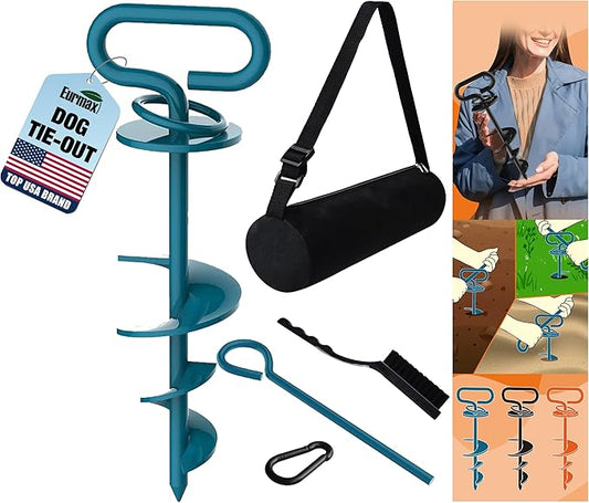 Eurmax USA Dog Tie Out Stake Triple Lock Heavy Duty Dog Anchor for Large Dogs Trampoline Stakes Dog for Yard and Outdoor Dog Runner Install & Travel Kit Included,1-Pack(Navy Blue)