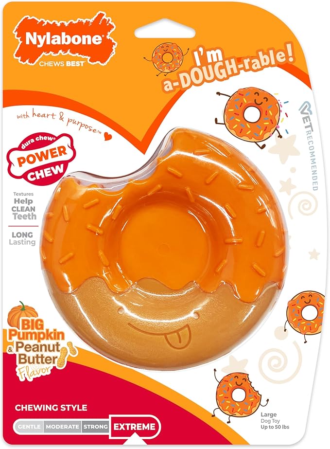 Nylabone Limited Edition 70th Birthday Donut Power Chew Toy for Dogs, Durable & Tough Dog Toys for Aggressive Chewers, Pumpkin & Peanut Butter Flavor, Large - Up to 50 lbs (1 Count)