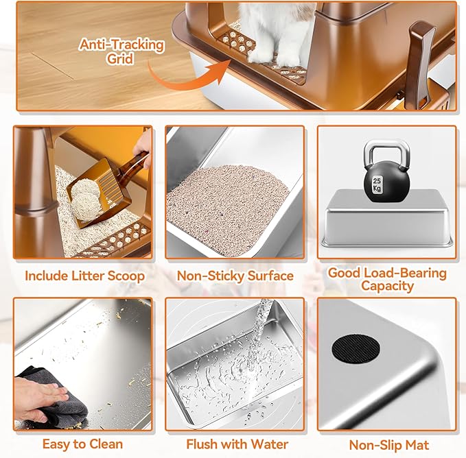 Stainless Steel Cat Litter Box with Lid, XXL Extra Large Enclosed Litter Box for Big Cats High Sided Metal with Removable Lid & Scoop, Front &Top Entry Odor Free, Anti-Leakage, Easy Cleaning