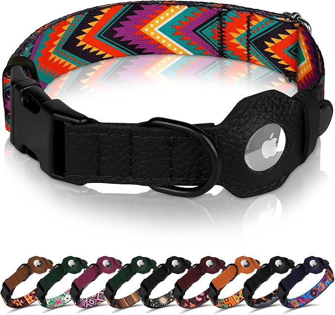 AirTag Dog Collar with Metal Buckle - Printed Nylon Soft Leather Dog Collar with Apple AirTag Holder - Secure Tracking GPS Pet Collars for Girl Boy Small Large Dogs (L, 17"-21" Neck Fit, Arrows)