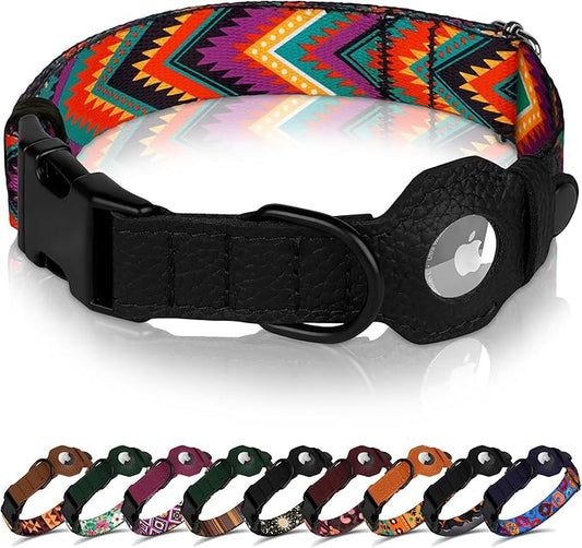 AirTag Dog Collar with Metal Buckle - Printed Nylon Soft Leather Dog Collar with Apple AirTag Holder - Secure Tracking GPS Pet Collars for Girl Boy Small Large Dogs (L, 17"-21" Neck Fit, Arrows)