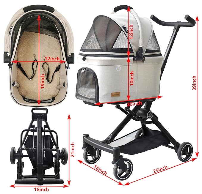 ROODO 2026 Upgraded Version 3 in 1 Dog Cat Stroller With Detachable Carrier&Car Seat Lightweight Folding Portable All Terrain Pet Travel System Puppy Kitty Doggie Bunny Stroller for 30lbs(Light Khaki)