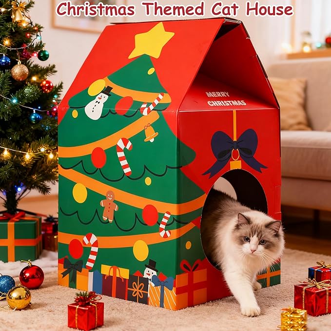 Cat House Scratcher Cardboard, Christmas Theme Thick Scratching House, pet Lounge Bed for Indoor Rest & Play, pet Scratcher Pad (12 "L X 12" W X 20" H)