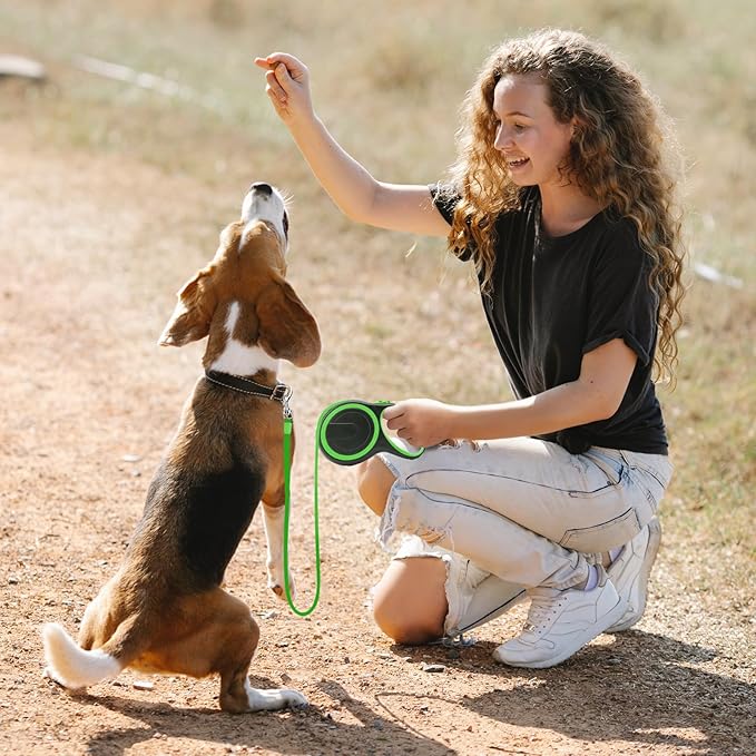 Segarty Extendable Dog Leash, 16ft Heavy Duty Walking Dog Leash for Medium Small Dogs up to 44lb, Anti-Slip Handle 360°Tangle-Free Nylon Tape, One-Handed One Button Lock and Release (Green)