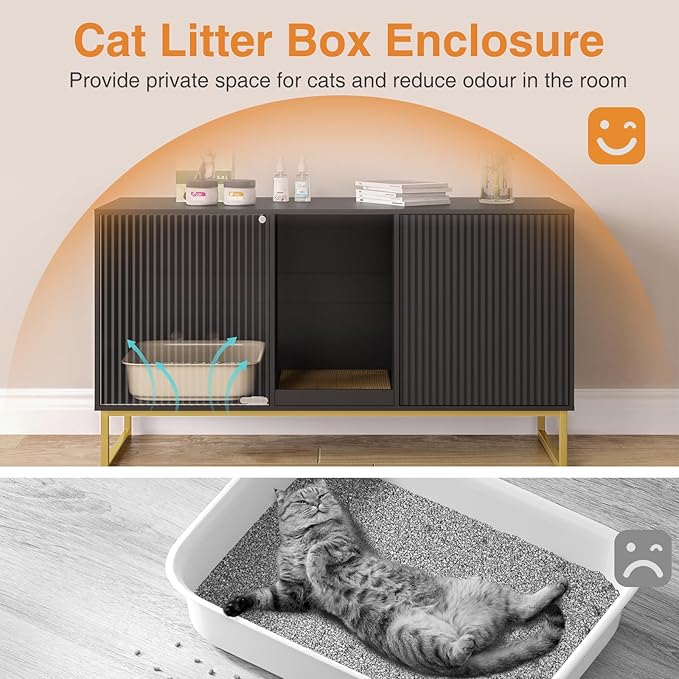 Kitty Litter Box Enclosure for 2 Cats, Small Hidden Cat Litter Box Furniture with Scratch Pad, Modern Fluted Double Litterbox Cabinet TV Stand for Kittens, Black