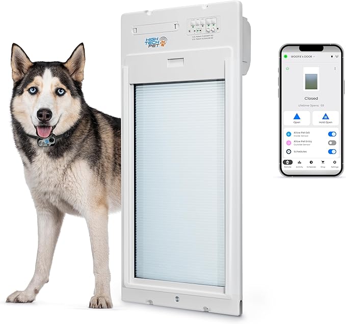 Power Pet Automatic ROLL UP Door by High Tech Pet Brand, Motorized Panel Rolls Up, Pet Collar Operated, Manual & WiFi App Control, Security Lockout Panel, 24/7 Exit & Entry Timers (Door Mount, Large)