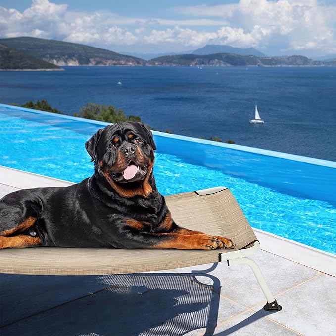 Veehoo Elevated Dog Bed for Outdoor, Cooling Waterproof Raised Dog Cots Beds XL, Curved Off Ground Pet Hammock Cot Lifted for Outside, up to 150lbs, White Legs, Beige 49"