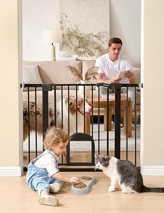 Babelio Upgraded Baby Gate with Cat Door, 29-43" Auto Close Durable Dog Gate for Stairs, Doorways and House, Easy Walk Thru Safety Gate with Pet Door Includes 4 Wall Cups, Black
