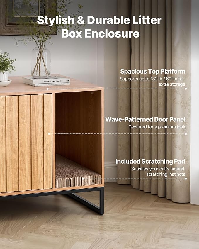 VEVOR Cat Litter Box Enclosure Furniture, 31.5 in Hidden Litter Box Cabinet with Scratch Pad & Storage, Waterproof Cat Washroom End Table Cat House, Fit Most of Litterbox, for Bedroom Living Room