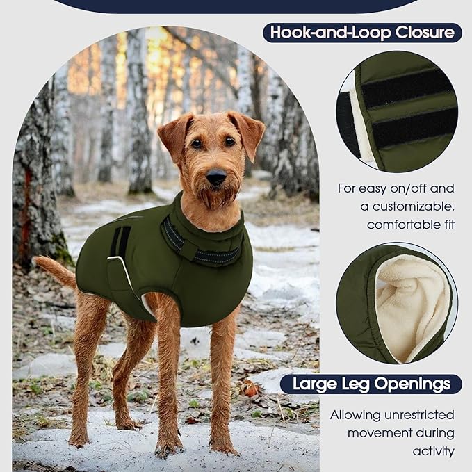 IECOii Dog Coats for Large Dogs Winter Waterproof Jacket with Collar Built in, XXL Dog Coat for Cold Weather Warm Snow Jacket with Thermal Fleece Lining, Reflective Pet Snowsuit Large,Army Green - 2XL