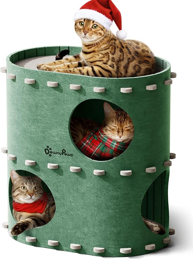 DownyPaws Cat House for Indoor Cats, 2-Storey Foldable Cat Bed Cave, Felt Cats Tunnel Bed Condo, Castle Kitten Cube Hideaway for Multicats, Scratch Resistant, Forest