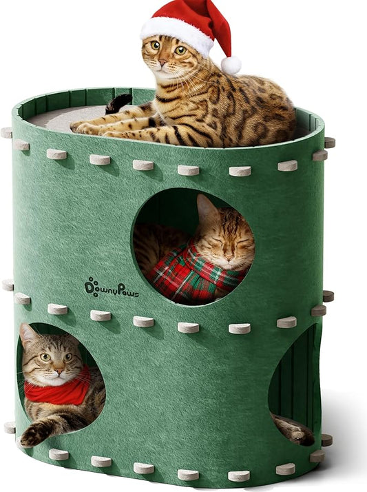 DownyPaws Cat House for Indoor Cats, 2-Storey Foldable Cat Bed Cave, Felt Cats Tunnel Bed Condo, Castle Kitten Cube Hideaway for Multicats, Scratch Resistant, Forest