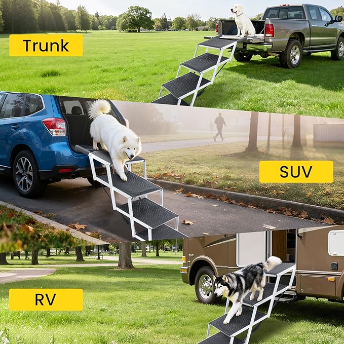 Dog Stairs for Large Dogs, Extra Wide Dog Ramp for Car with Non-Slip Surface, Folding and Portable Dog Car Ramp for SUV & Car, Outdoor, Supports up to 250 lbs, 4 Steps