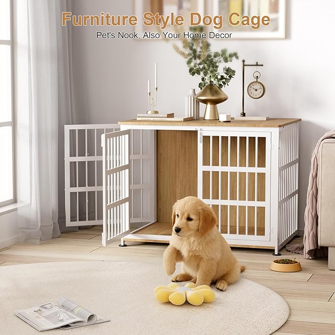 41" Furniture Style Large Dog Crate with Wheels, Chew-Resistant Dog Kennel Furniture Indoor for Large & Medium Dogs, 41"L x 29.1"W x 30.3"H, Decorate House as TV Stand, End Table — Natural and White