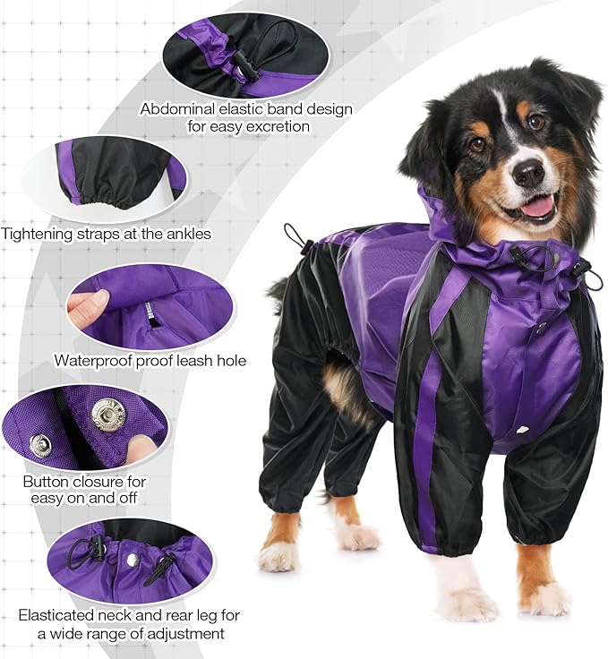 Dog Raincoat, Waterproof Rain Jacket for Large Dogs, Lightweight Pet Poncho with Hood, Snow-Proof Dog Vest, Rain Clothes with Leash Hole