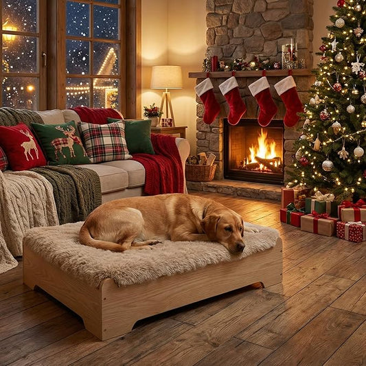 GLOSSGODS Elevated Dog Bed and Mattress with Removable Washable Cover, Egg Crate Foam, Wooden Frame, Suitable for Pet Up to 90 lbs, Naturalwood XL