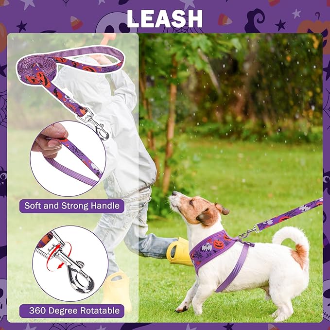 SCENEREAL Halloween Small Dog Harness Collar and Leash Set, Adjustable No Pull Pet Harnesses, No Chock Soft Mesh Step in Vest Costume for Doggie Puppy Dogs Cats Girl Boy Outdoor Walking