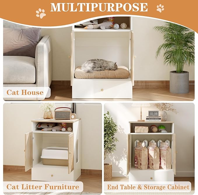 Cat Litter Box Enclosure Furniture, Indoor Wooden Cat Hidden Litter Box Furniture Cabinet with Scratching Board Doors and Feeder Bowls, 23"x17"x32"H