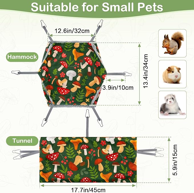 Bienbee 2 Pcs Ferret Rat Hammock Set for Cage Washable Guinea Pig Hideout Bed Soft Small Animal Hammock Tunnel Toys Ferret Cage Accessories for Hedgehog Sugar Glider Squirrel Hamster, Green Mushroom