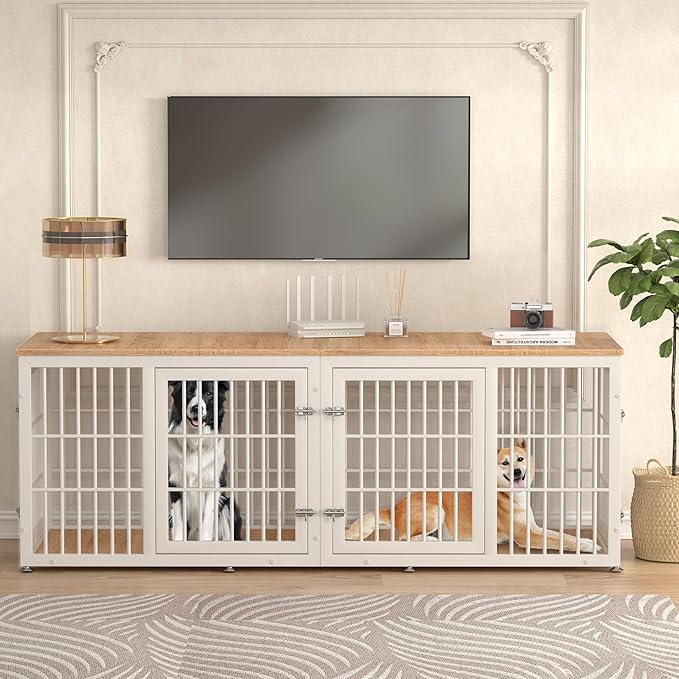 78 Inch Double Dog Crate Furniture, Heavy Duty Extra Large Cage Furniture with Divider for 2 Dogs, Decorative Wooden Kennel Indoor, Pet House for Large and Medium Dogs, White