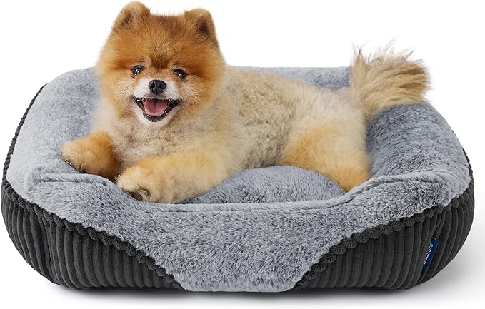 Bedsure Washable Dog Bed Small Dog＆Cat- Rectangle Fluffy Plush Kitten Puppy Bed, Comfy Corduroy Fleece and Nonskid Bottom,20x19x6inches,Suitable for Pet Up to 15lbs,Grey