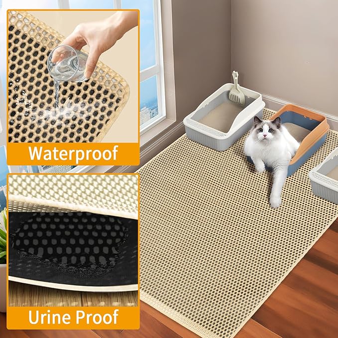 Cat Litter Mats Litter Trapping Mat, 25''x16'' Cat Litterbox Mat for Floor, 2 Layer Honeycomb Pet Litterbox Matt Catcher Rug, Waterproof Urine Proof, Non-Slip, Soft, Clean Easily, Small